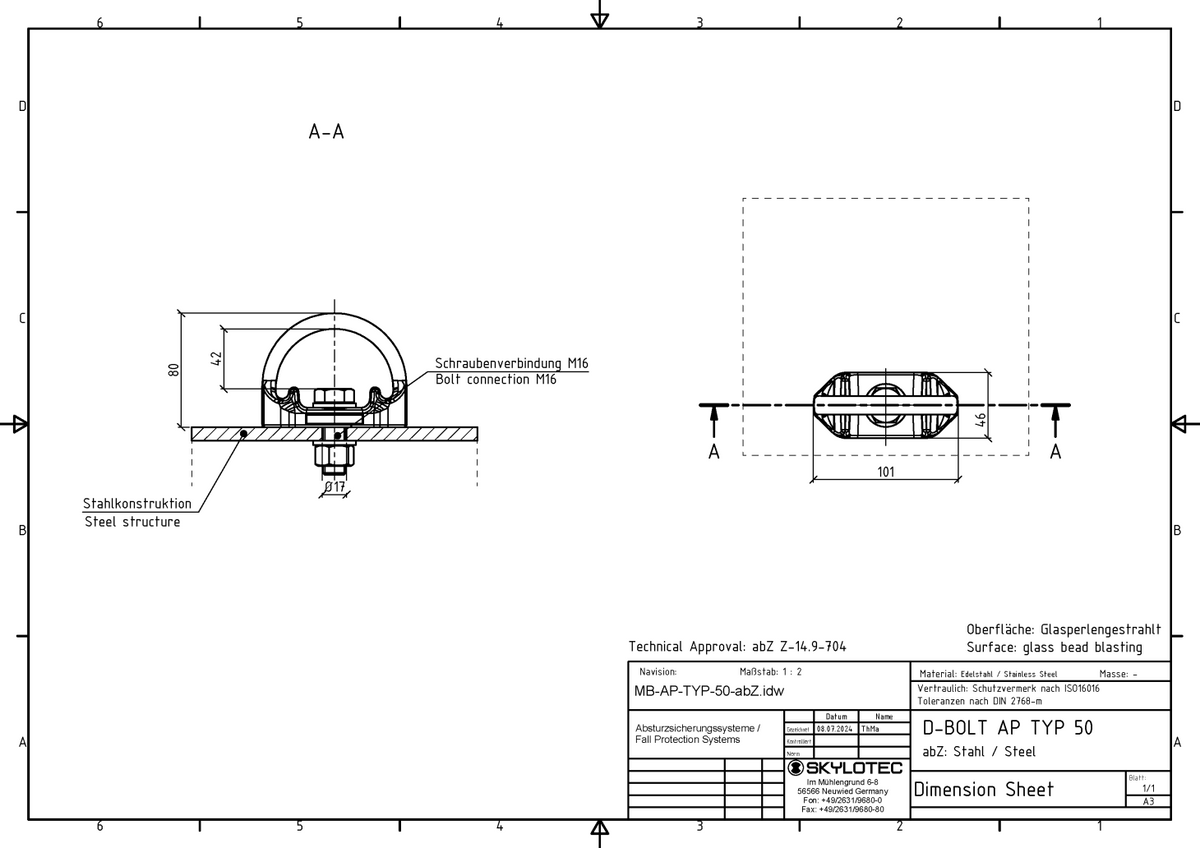 Skylotec D-BOLT TYP 50 (AP-063-GPS) Stainless Steel 18mm Single Anchor Point AP-TYP-50 - SecureHeights