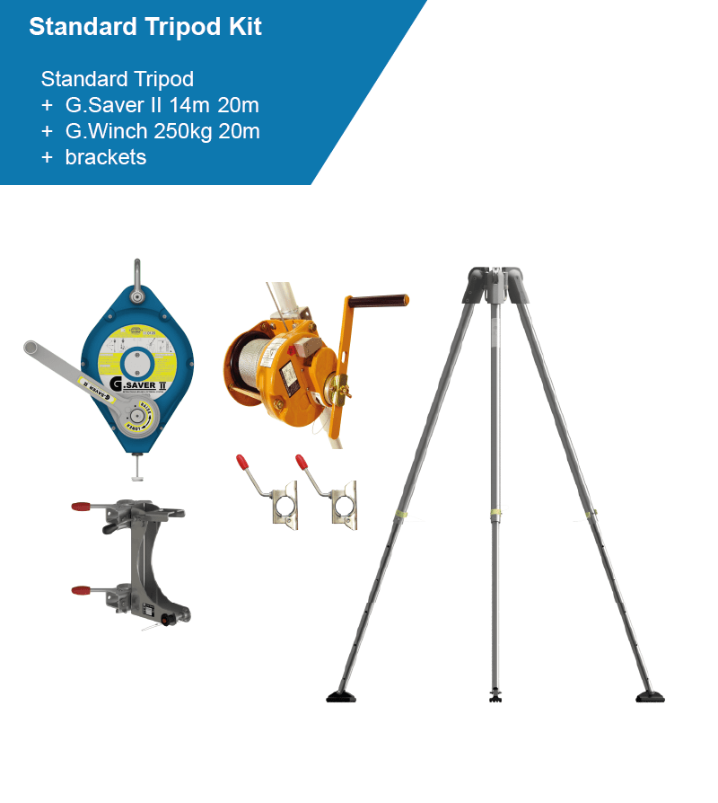 Globestock G.Tripod 230 Standard Tripod Kit with 20m G.Winch & Bracket and G.Saver II Fall Arrest Block 14m-20m & Bracket - SecureHeights