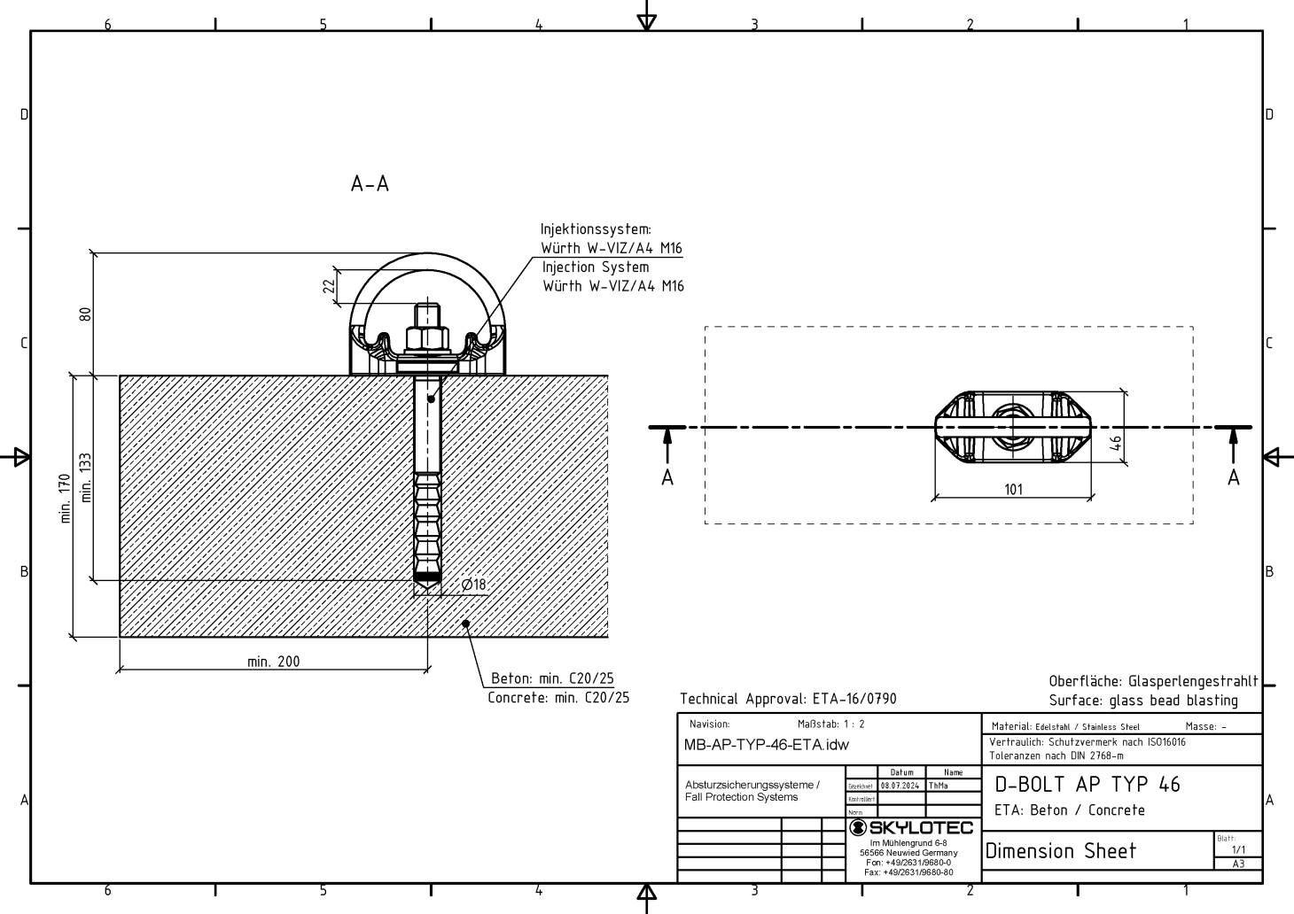 Skylotec D-BOLT TYP 46 (AP-063-GPS) Stainless Steel Glue In Single Anchor Point AP-TYP-46-O