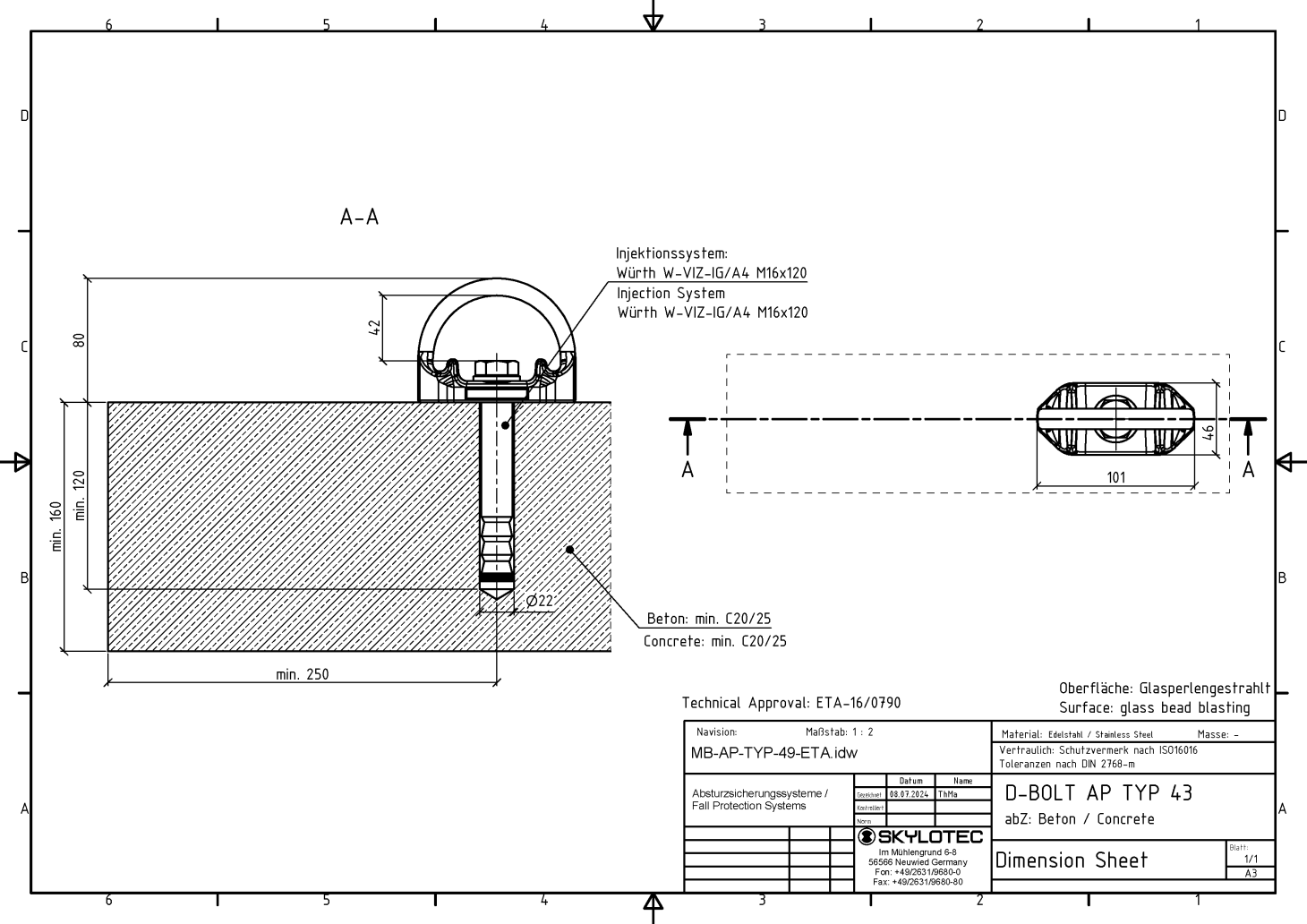 Skylotec D-BOLT TYP 49 (AP-063-GPS) Stainless Steel Glue In Single Anchor Point AP-TYP-49