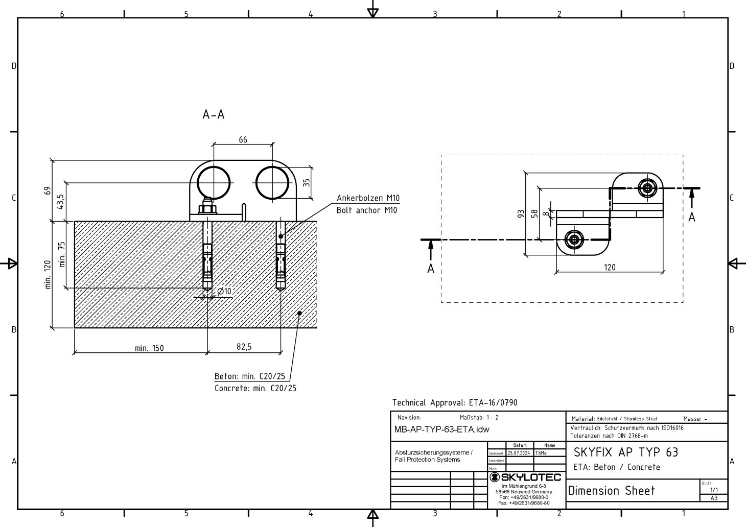 Skylotec SKYFIX TYP 63 Stainless Steel 10mm Single Anchor Point AP-TYP-63