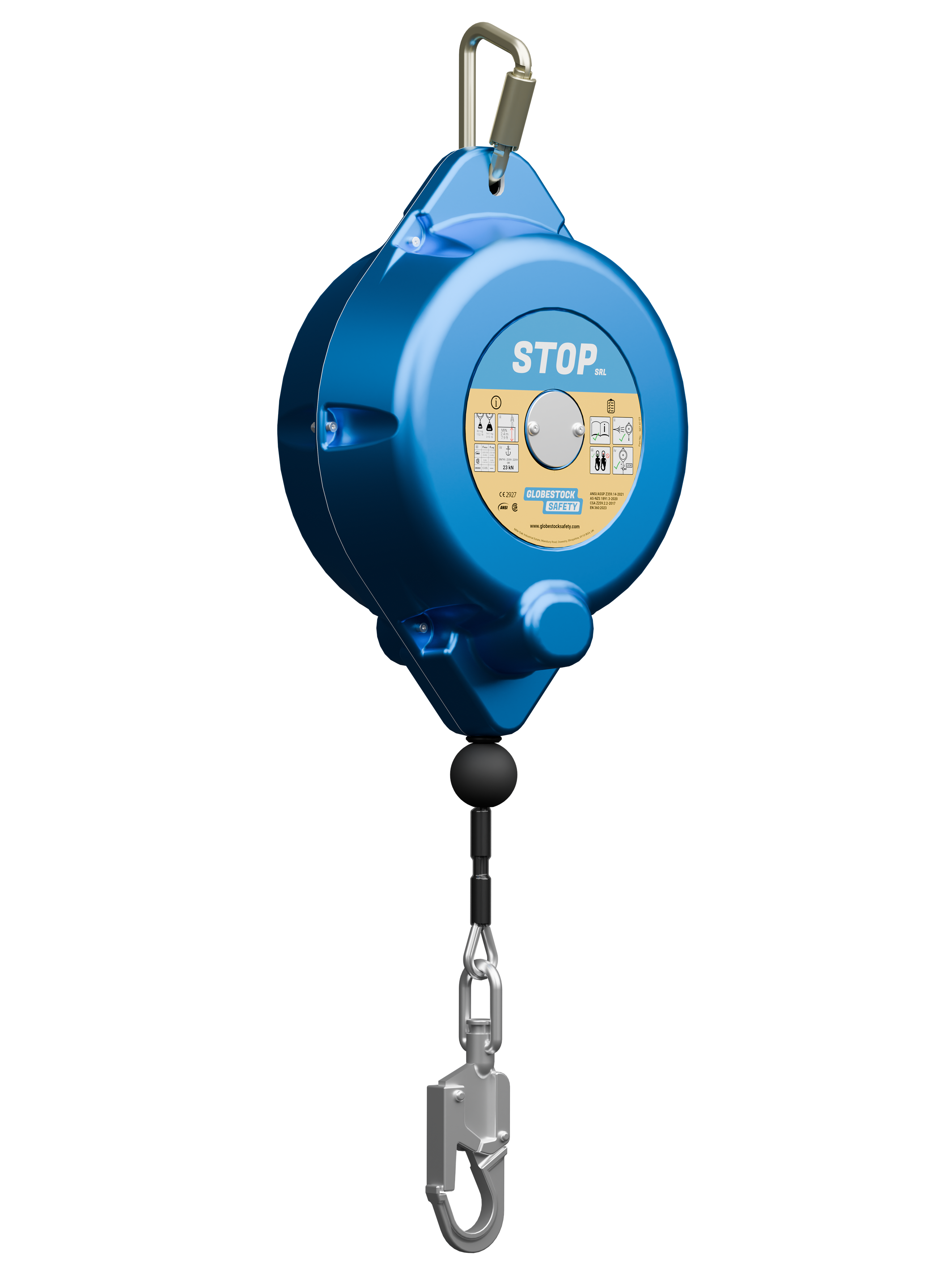 Globestock STOP Galvanised Cable Fall Arrest Block with Zinc Plated Steel Snap Hook 14m-30m - SecureHeights